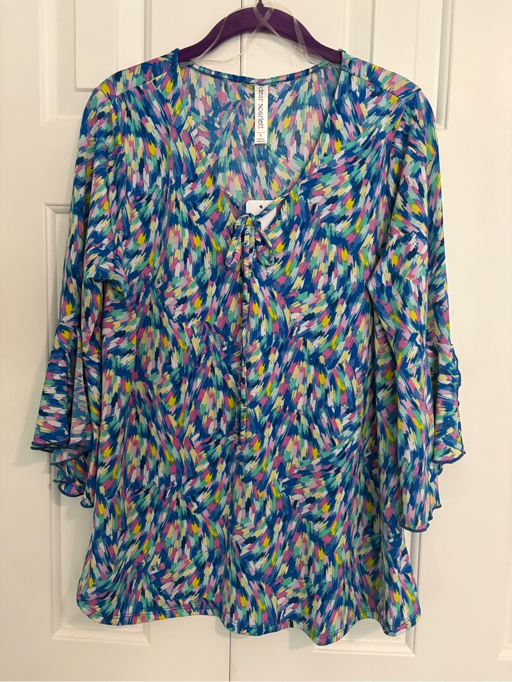 Dear Scarlett three quarter sleeve flowy Multi-Color Abstract Print Blouse Sz L
